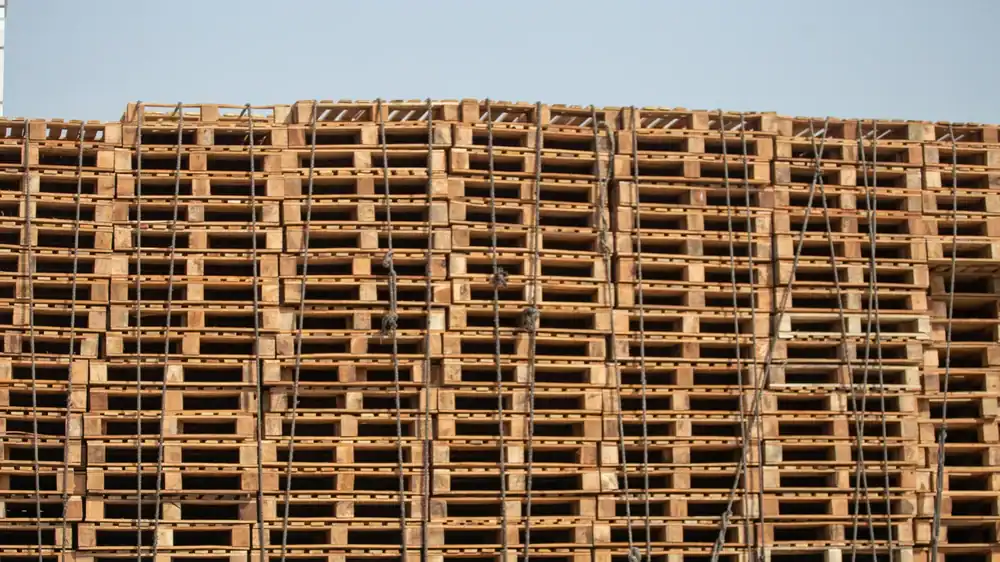 Stacked wooden pallets for shipping and storage at Pallet Kings.